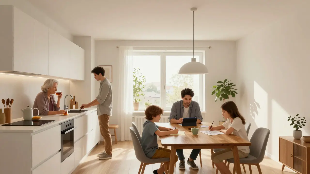 Family gathered at a shared kitchen-living table in a Prague apartment, bathed in natural light.