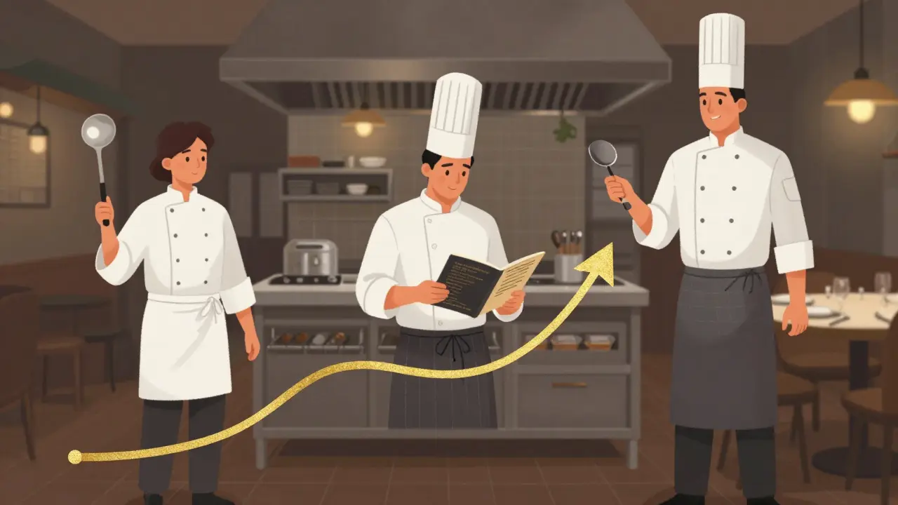 Ilustrace kariérní cesty kuchaře: od začátečníka v hospodě přes šéfkuchaře v hotelu až po šéfa s hvězdou Michelin.