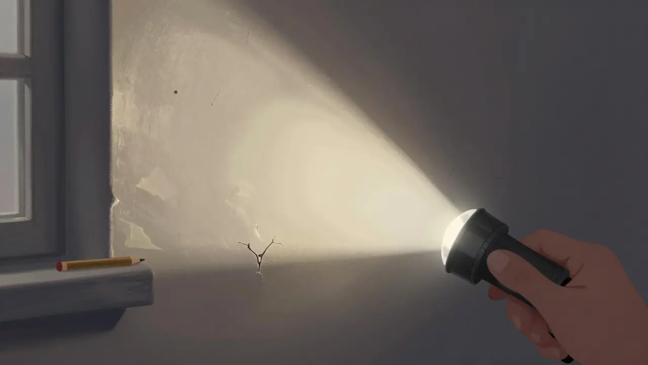 Kapesní lampa osvětluje nerovnosti na zdi pod úhlem, zřetelně ukazující štěrbiny a výčnělky.