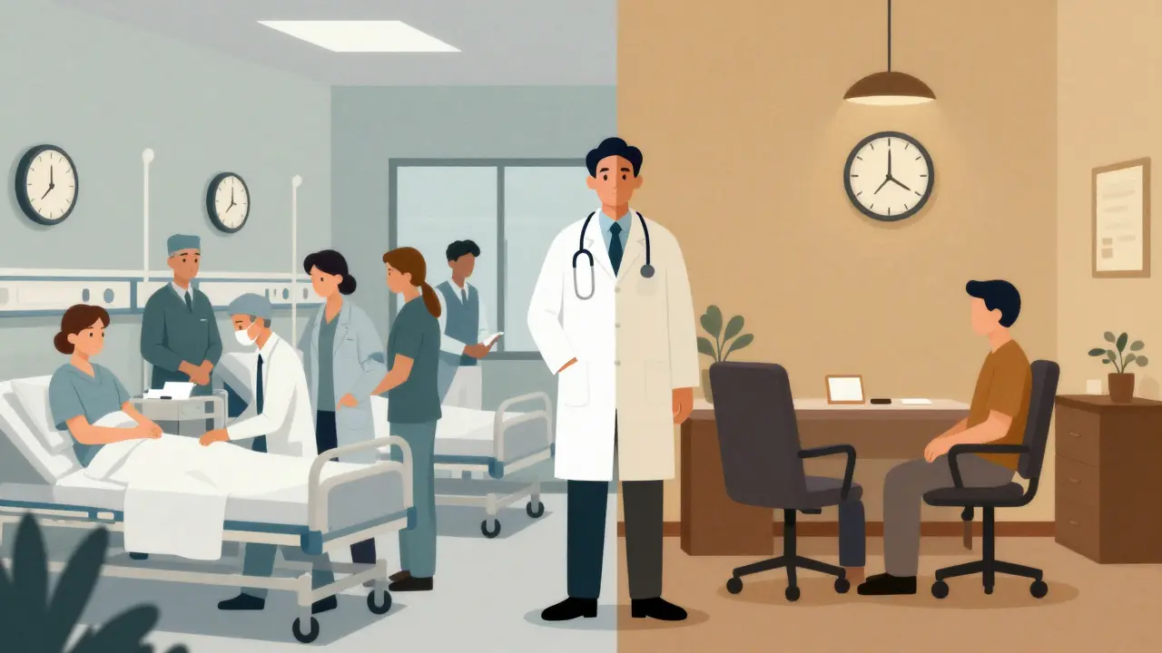 Kontrast mezi veřejnou a soukromou psychiatrií: přetížená nemocnice vs. klidná kancelář.