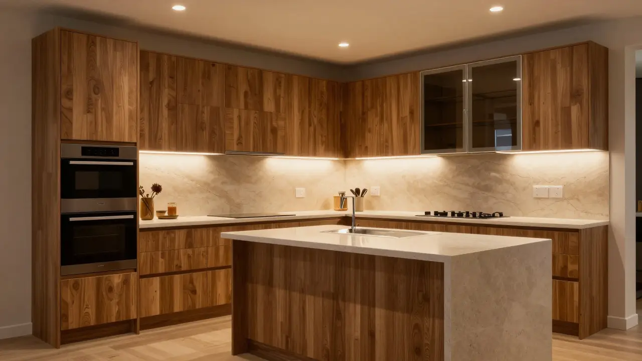 Kuchyň s dřevěnými horními a skleněnými dolními štítky, ostrov a LED osvětlení.