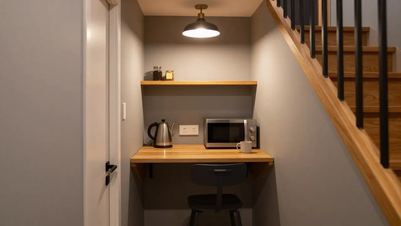 Kuchyňský kout pod schodištěm v chodbě s přehazovací deskou, regálem a kávovarem.