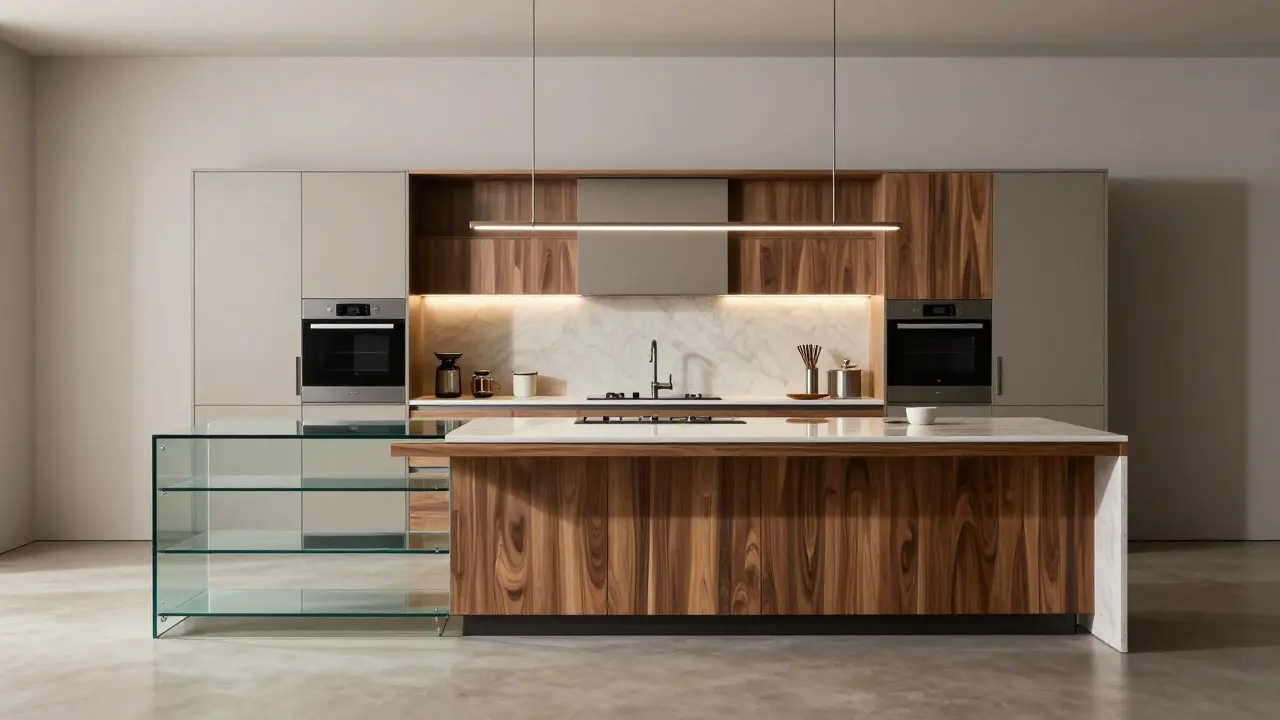 Luxusní kuchyň s ostrovem, sklo a dřevo, integrované spotřebiče a světla.