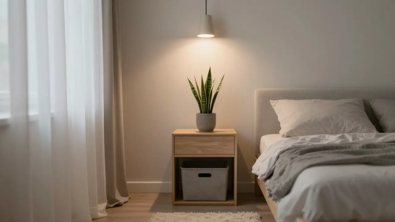 Minimální ložnice s jednou rostlinou, tichým osvětlením a úplnou čistotou, navržená pro hluboký a klidný spánek.