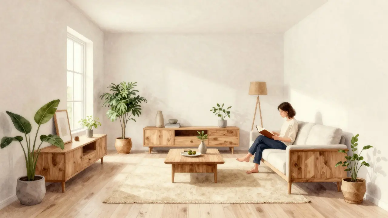 Minimálnistický obývací pokoj s dřevem, kamenem a rostlinami