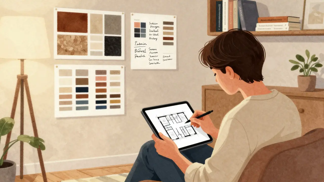 Návrhář navrhuje půdorys v bytě, kolem něj jsou vzorky materiálů, barevné karty a knihy o interiérovém designu.
