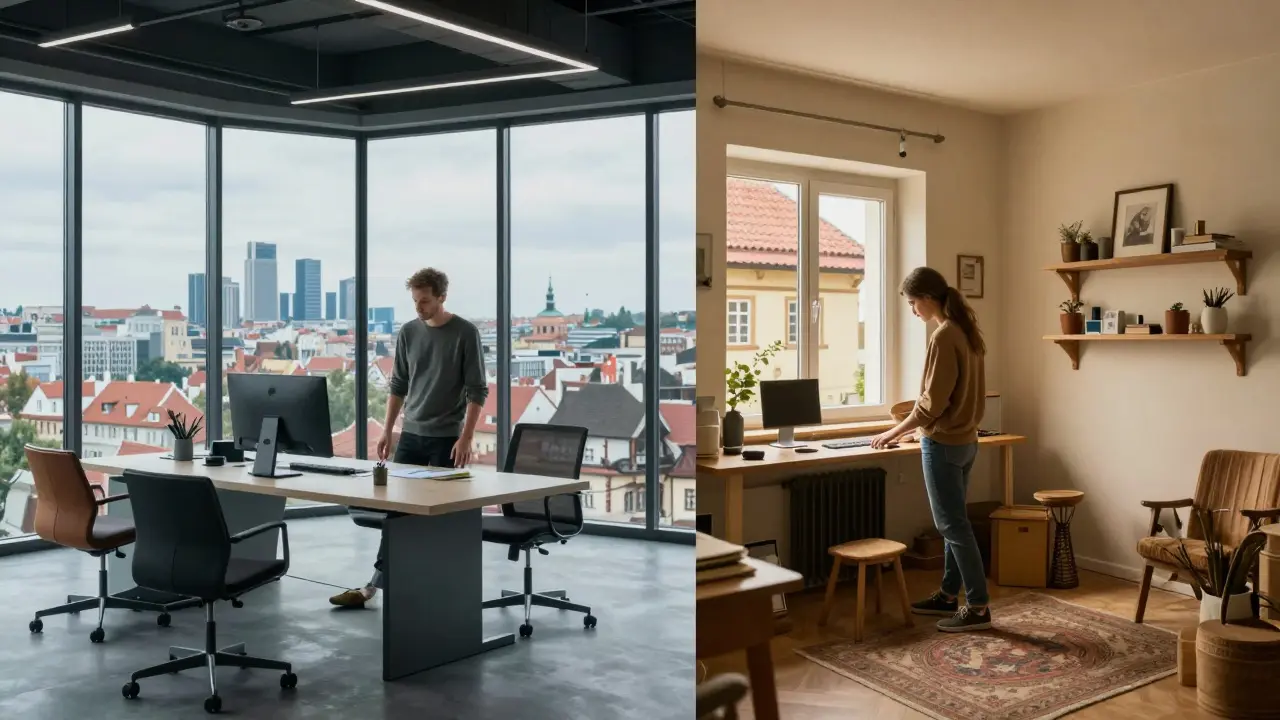 Návrhář v Praze vs. menším městě: moderní vs. tradiční prostředí.