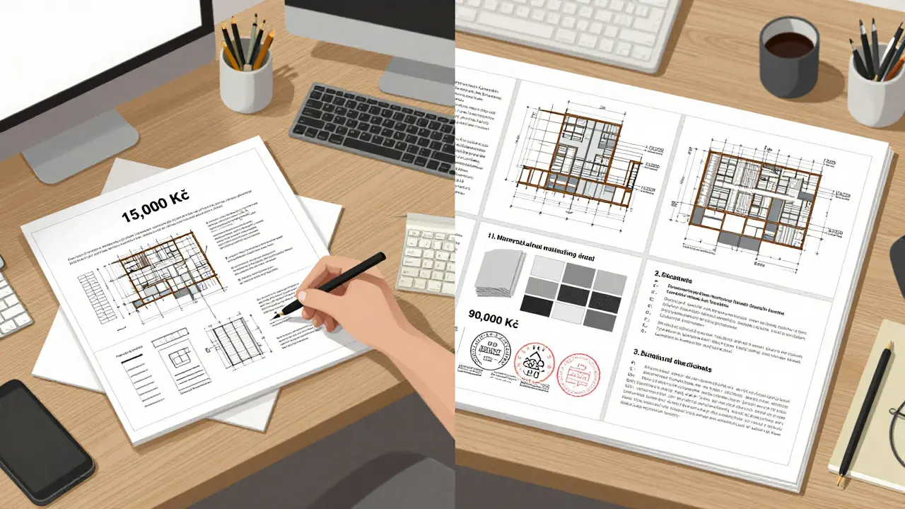 Porovnání levného a profesionálního projektu bytu: špatné dokumenty vs. kompletní technické plány.