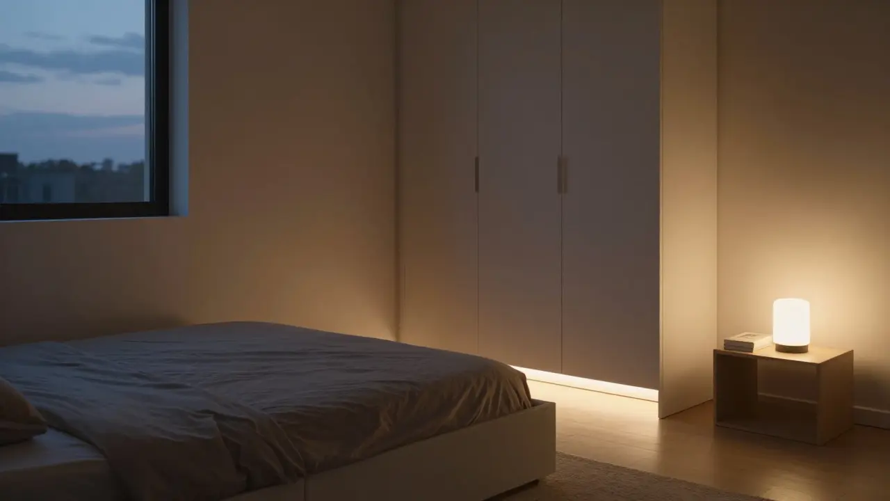 Prázdný pokoj v šero, jen postel, skříň a jedna lampa s teplým světlem, bez jakýchkoli dekorací.