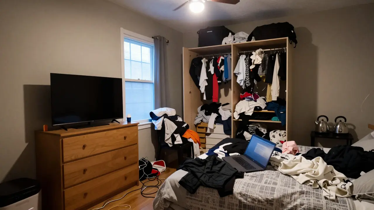 Přeplněná ložnice s televizí, počítačem, hromadami prádla a kabely, které vytvářejí chaos a narušují klid.
