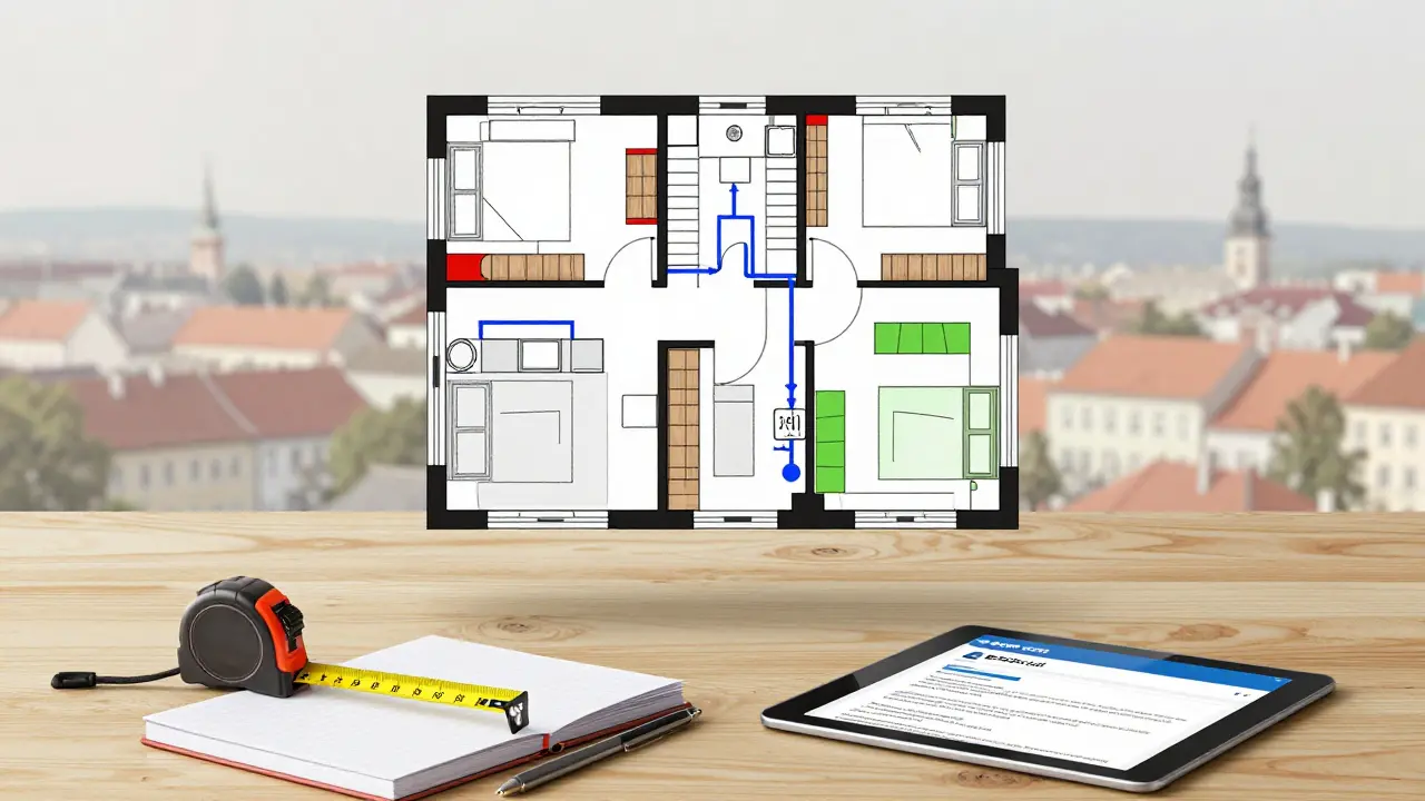 Půdorys bytu s přehledem nosných stěn, potrubí a oken přesně vyznačenými barvami.