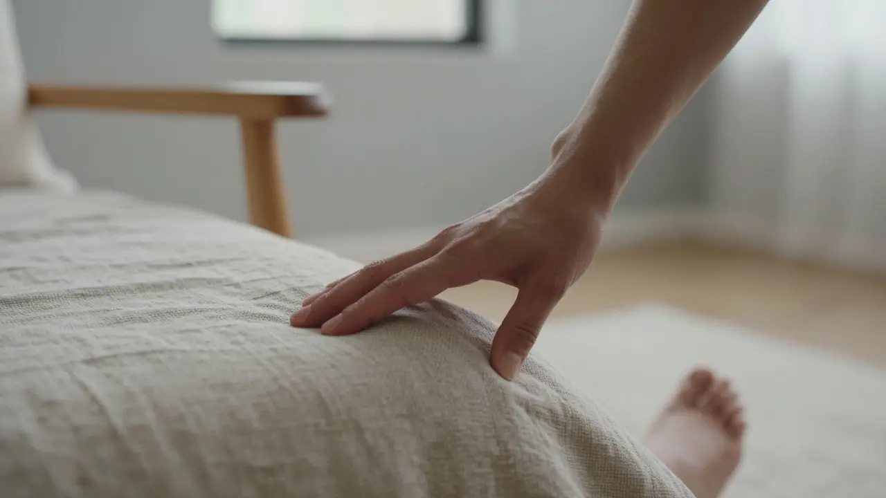 Ruce dotýkající se přírodních textur: lněná prostěradla, dřevěný rám židle a koberce z přírodních vláken.