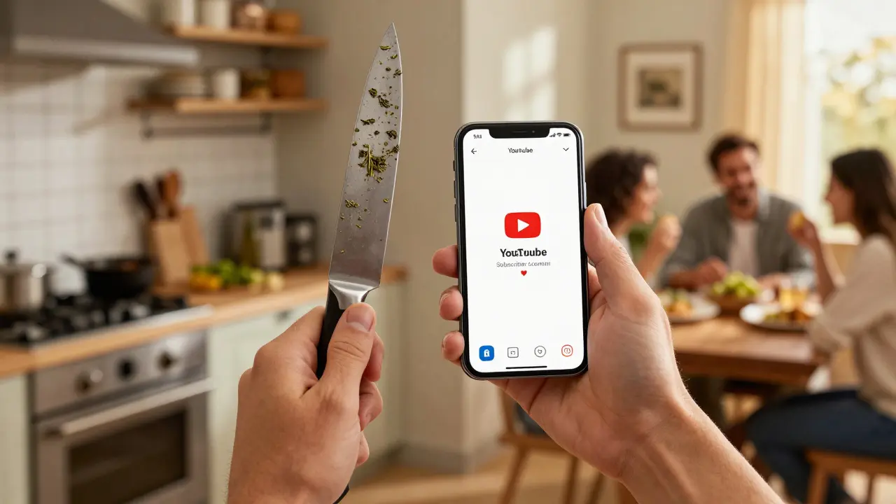 Ruce kuchaře drží kuchařský nůž a smartphone s ukazatelem příjmů z YouTube a Instagramu, pozadí ukazuje kuchyni a spokojené hosty.