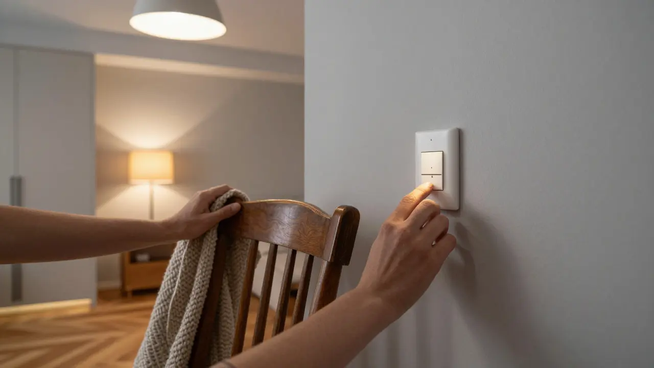 Ruce umisťují starý kovový židličku u zdi, teplé osvětlení z lampy a LED pásky vytváří klidnou atmosféru.