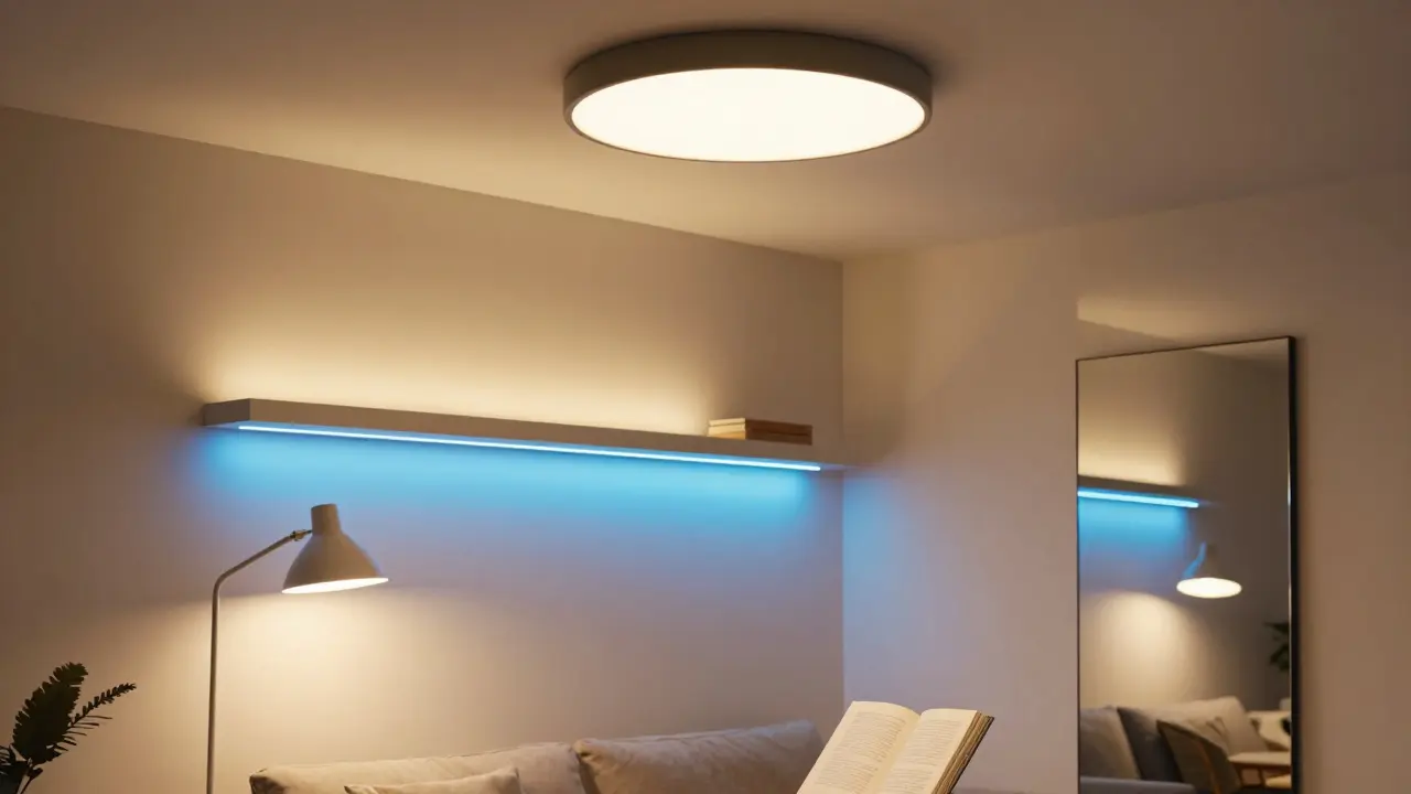 Různé typy osvětlení v obývacím pokoji: ambientní, úkonné, zdobné