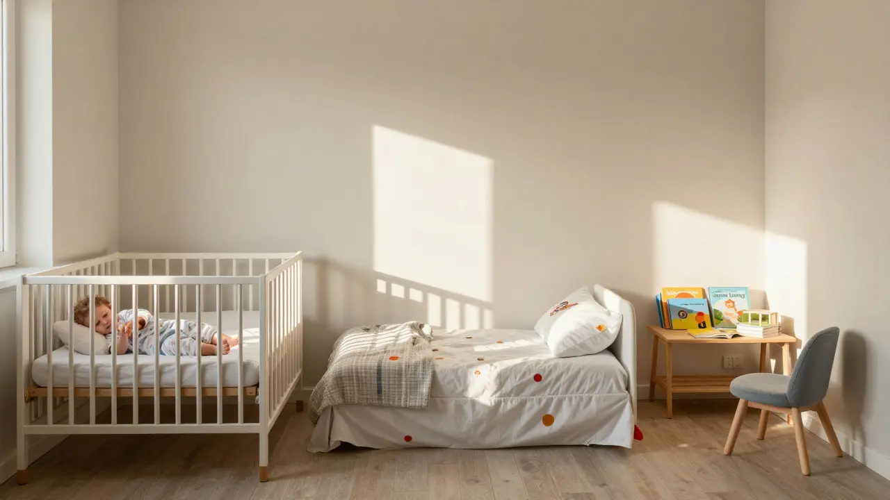 Společný pokoj s třemi zónami: kočárek, postel pro dítě a čtecí koutek s knížkami.
