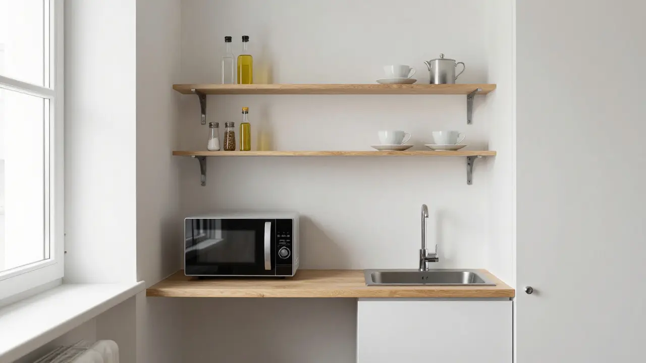 Stěnový kuchyňský kout s mikrovlnkou, nádobím a vodním džbánem na malém prostoru.