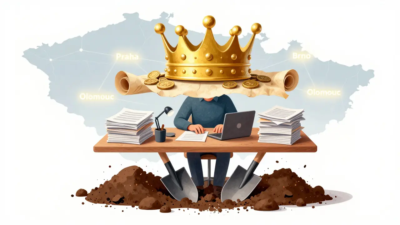 Symbolická představa archeologické kariéry: lopata, psaní zpráv a koruna z mincí a pergamenů.