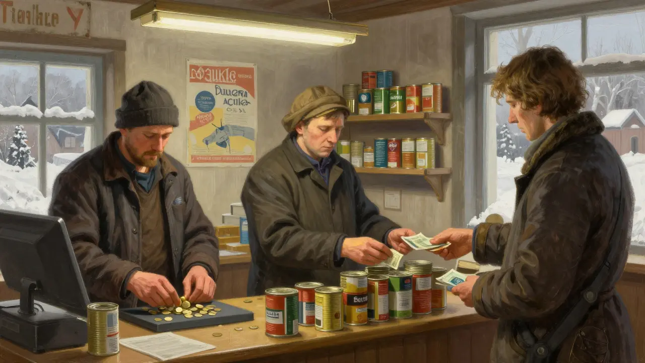 Tři pracovníci v malém obchodě ve vesnici: pokladní, skladník a zákazník, v chladném osvětlení obchodu.