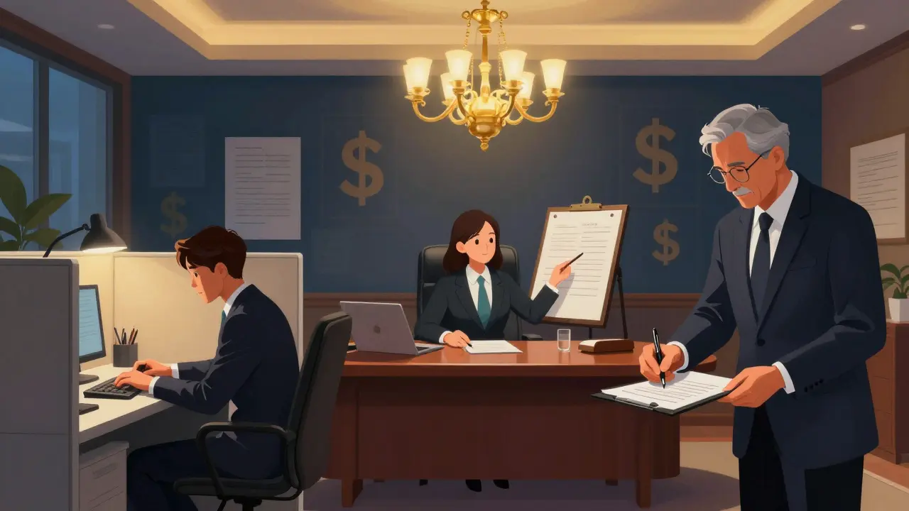 Tři právníci na různých úrovních kariéry: začátečník, střední úroveň a senior.