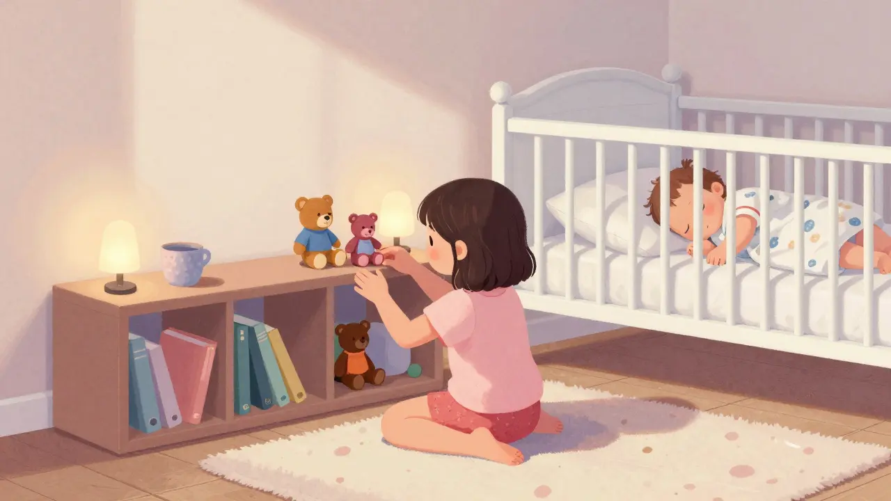 Tříletá dívka ukládá hračky na vlastní polici, zatímco její menší sestra spí v kočárku.