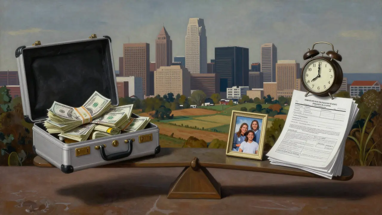 Váha s penězi proti času, rodině a dluhům – symbolický obraz nákladů právní kariéry.