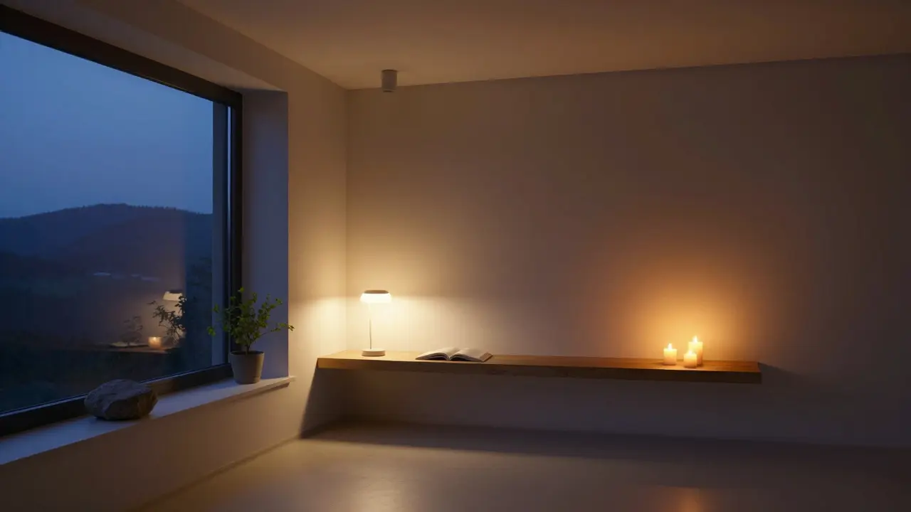 Večerní pokoj s vrstveným osvětlením: slabý stropní světlo, kniha na stole a svíčky, prázdný prostor na podlaze.