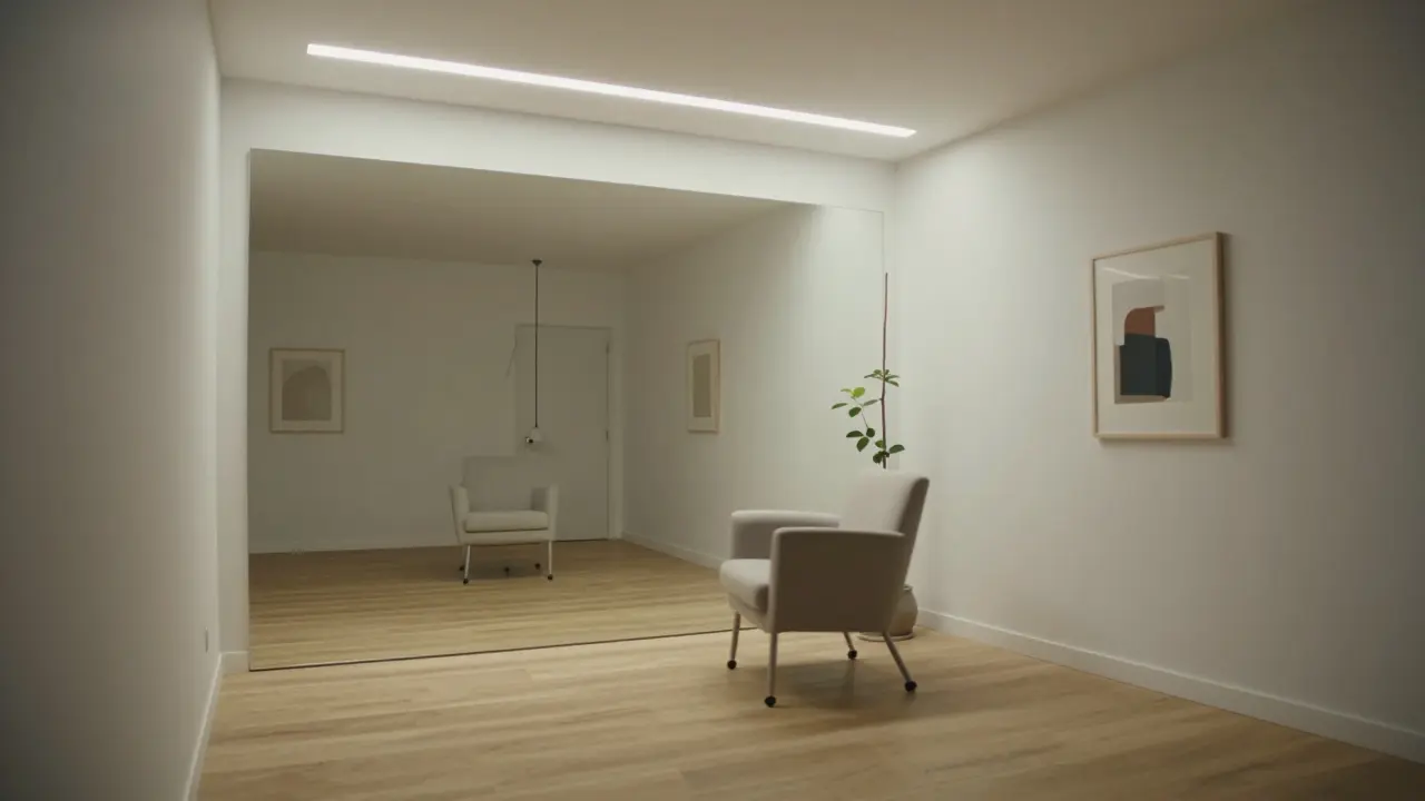 Velké zrcadlo odrazující celý pokoj, tenký nábytek na kolech a jednotná podlaha v úzkém prostoru.