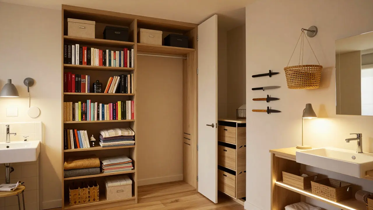 Vertikální úložiště na stěnách, magnetické háčky a nástěnné koše v malém bytě s teplým osvětlením.