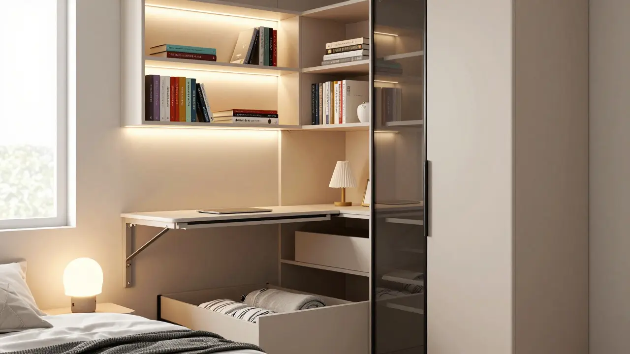 Vysoká skříň s dveřmi zrcadlo a podlahové úložiště pod postelí v úzkém pokoji s uspořádanými police.