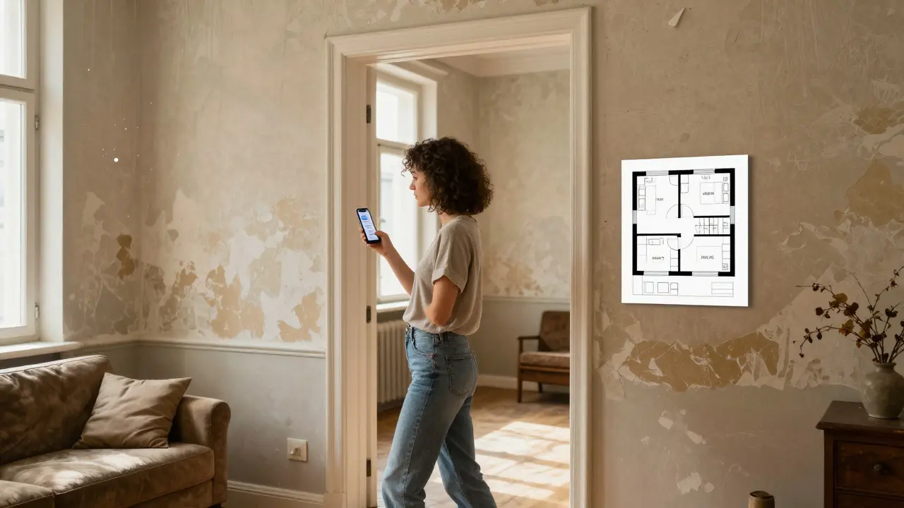 Žena používá mobilní aplikaci MagicPlan k vytvoření půdorysu starého bytu.